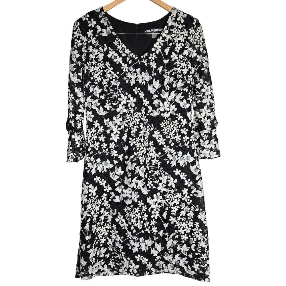 Karl Lagerfeld Paris Black White Floral Lace V Neck 3/4 Sleeve Carys Dress 6